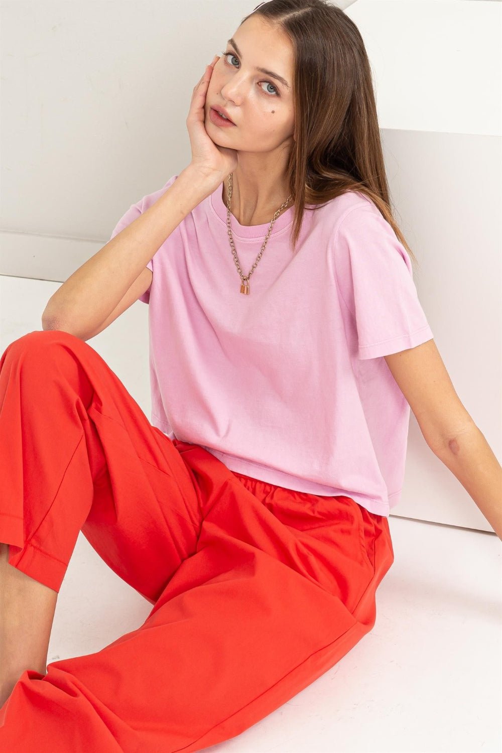 HYFVE Round Neck Cropped T - Shirt - Top - pink - Bella Bourget