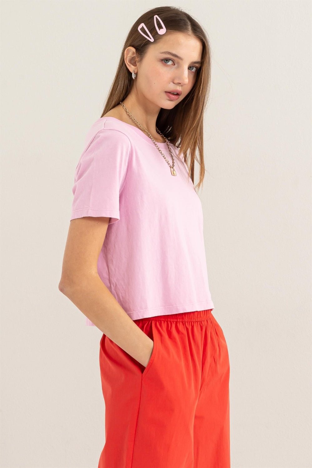 HYFVE Round Neck Cropped T - Shirt - Top - pink - Bella Bourget