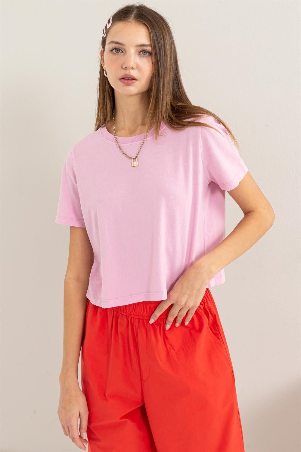 HYFVE Round Neck Cropped T - Shirt - Top - pink - Bella Bourget