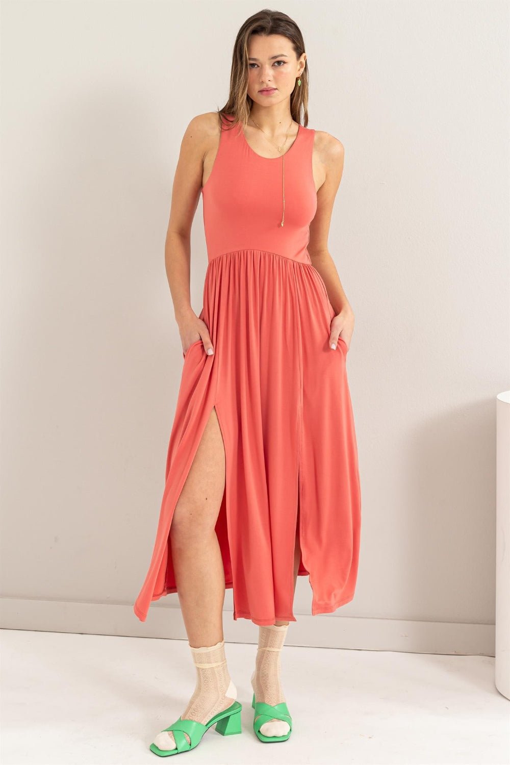 HYFVE Sleeveless Slit Midi Dress - Day Dress - Spiced Coral - Bella Bourget