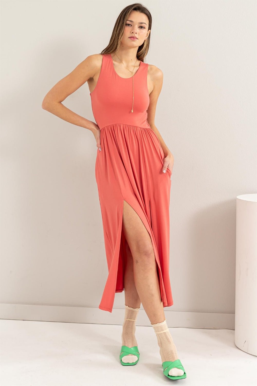 HYFVE Sleeveless Slit Midi Dress - Day Dress - Spiced Coral - Bella Bourget