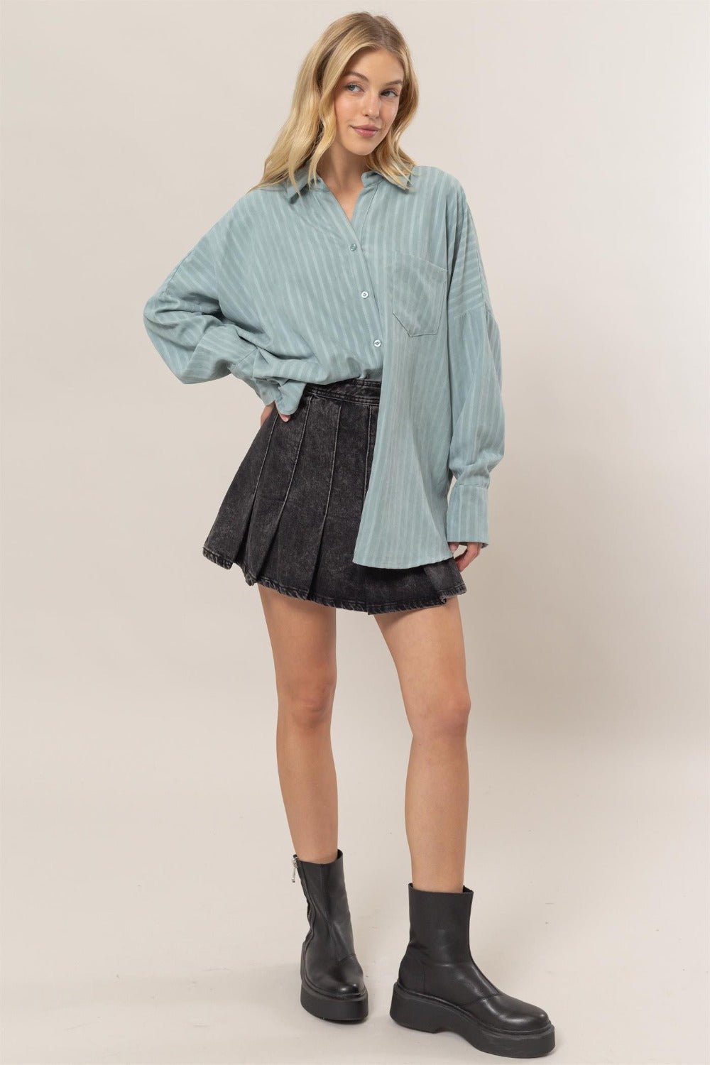 HYFVE Stripe Button Down Long Sleeve Oversized Shirt - Shirt - Dusty Aqua - Bella Bourget