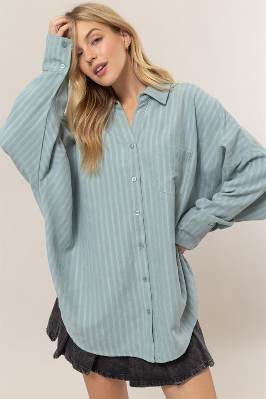 HYFVE Stripe Button Down Long Sleeve Oversized Shirt - Shirt - Dusty Aqua - Bella Bourget