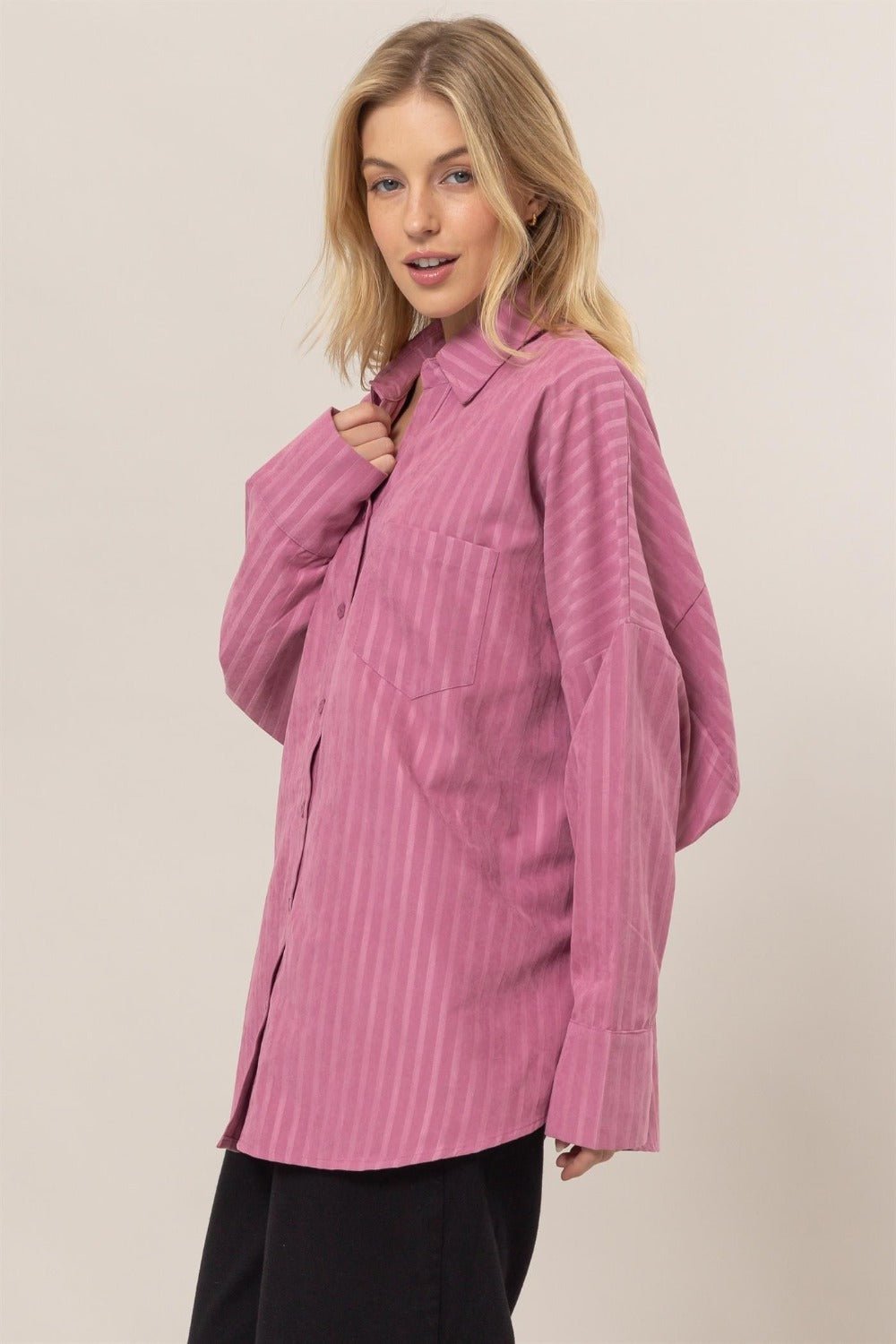 HYFVE Stripe Button Down Long Sleeve Oversized Shirt - Shirt - Rose Pink - Bella Bourget