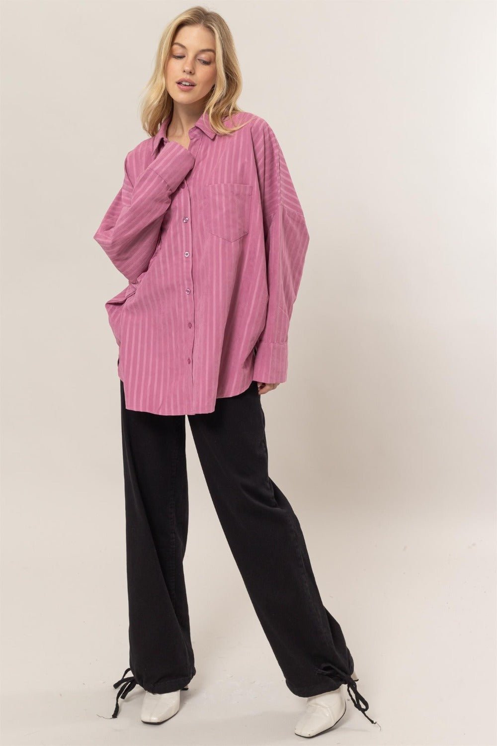 HYFVE Stripe Button Down Long Sleeve Oversized Shirt - Shirt - Rose Pink - Bella Bourget