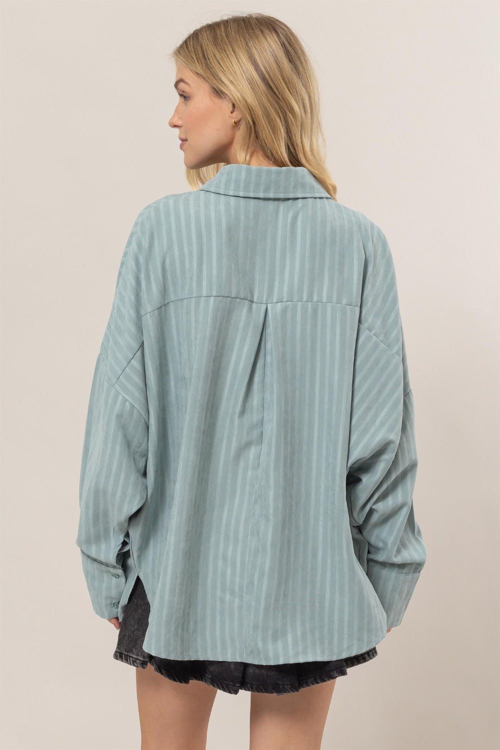 HYFVE Stripe Button Down Long Sleeve Oversized Shirt - Shirt - Dusty Aqua - Bella Bourget