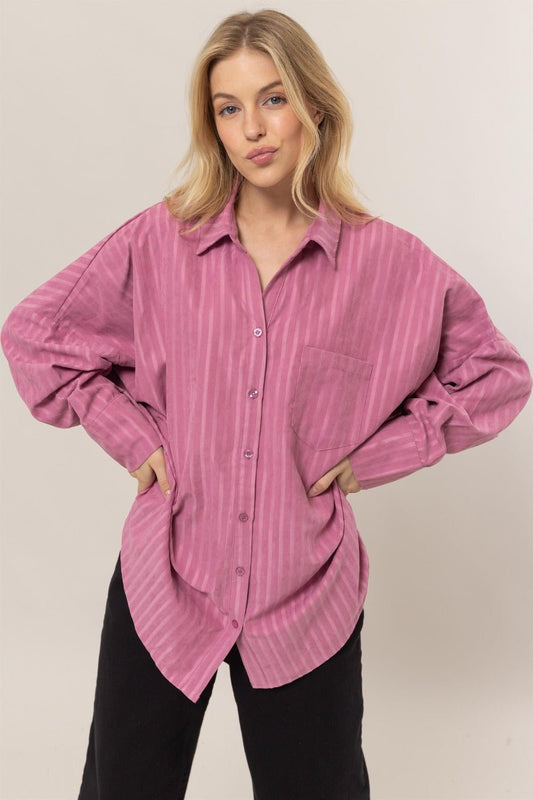 HYFVE Stripe Button Down Long Sleeve Oversized Shirt - Shirt - Rose Pink - Bella Bourget