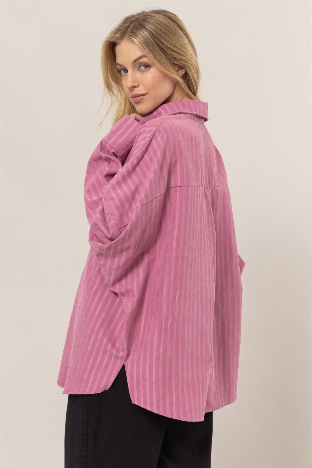 HYFVE Stripe Button Down Long Sleeve Oversized Shirt - Shirt - Rose Pink - Bella Bourget