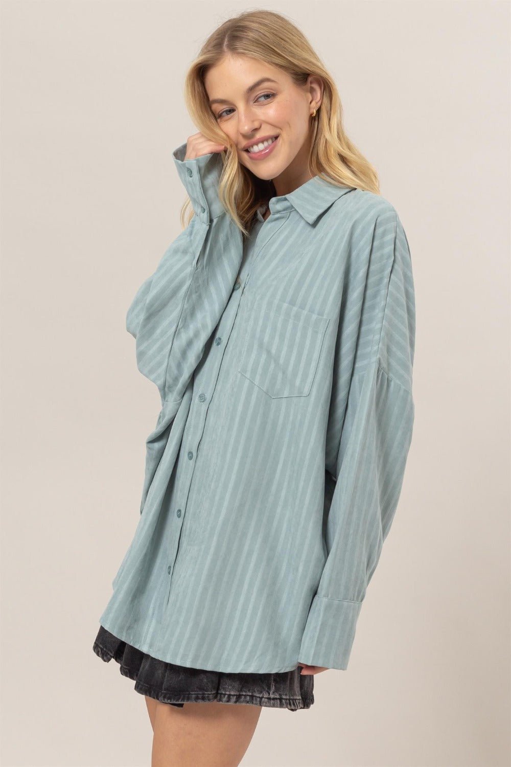 HYFVE Stripe Button Down Long Sleeve Oversized Shirt - Shirt - Dusty Aqua - Bella Bourget