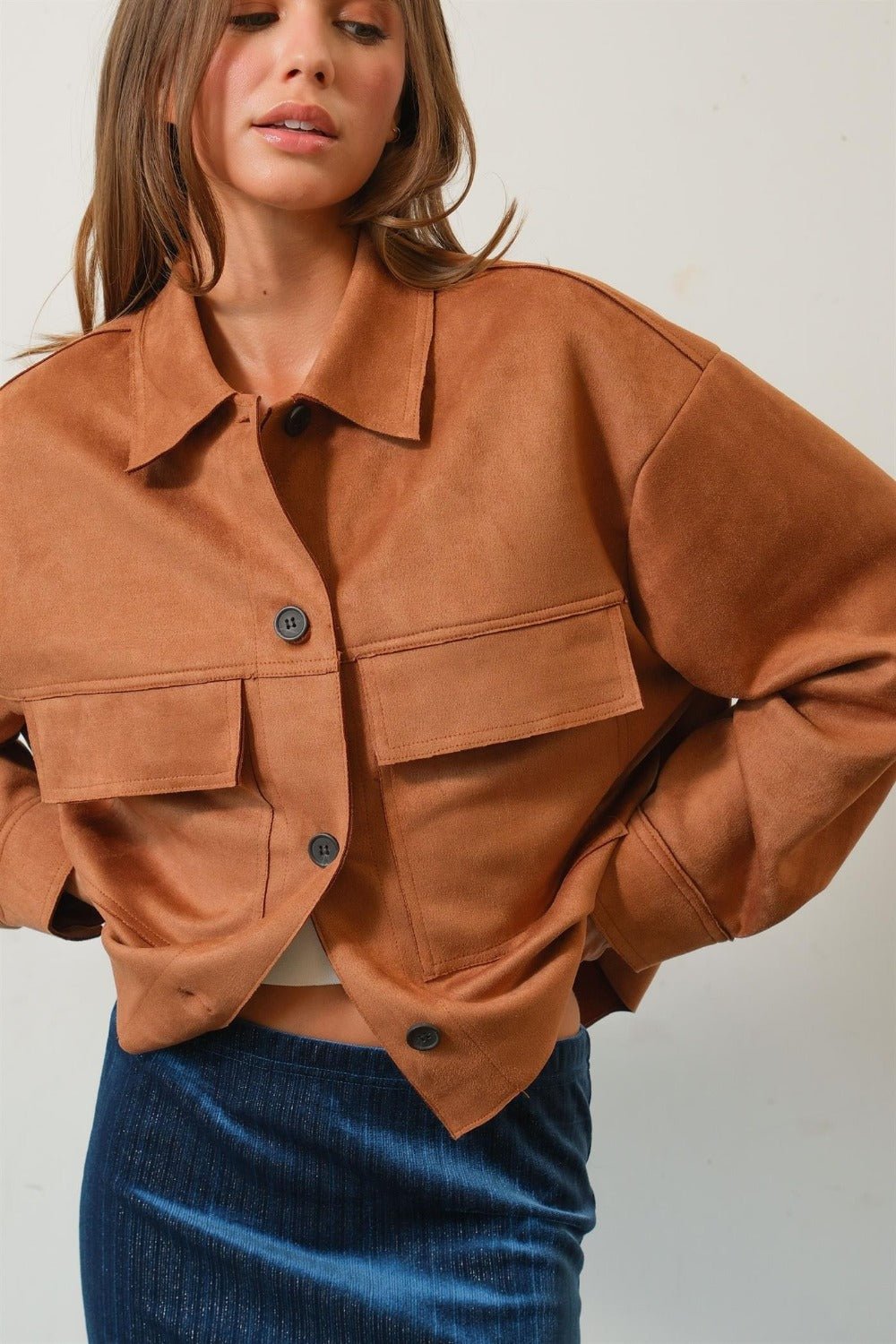 HYFVE Suede Button Down Cropped Jacket - Jacket - Camel - Bella Bourget