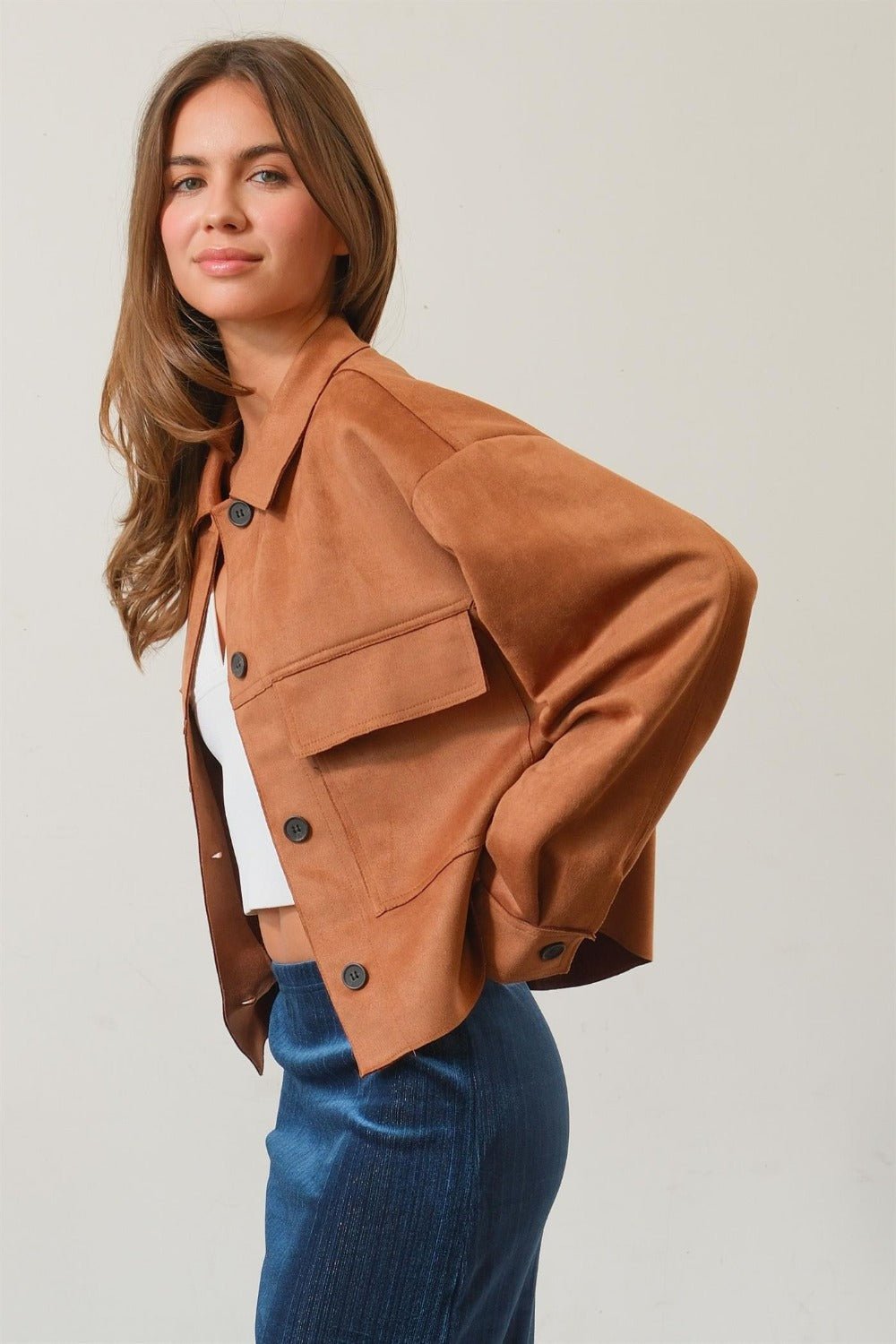 HYFVE Suede Button Down Cropped Jacket - Jacket - Camel - Bella Bourget