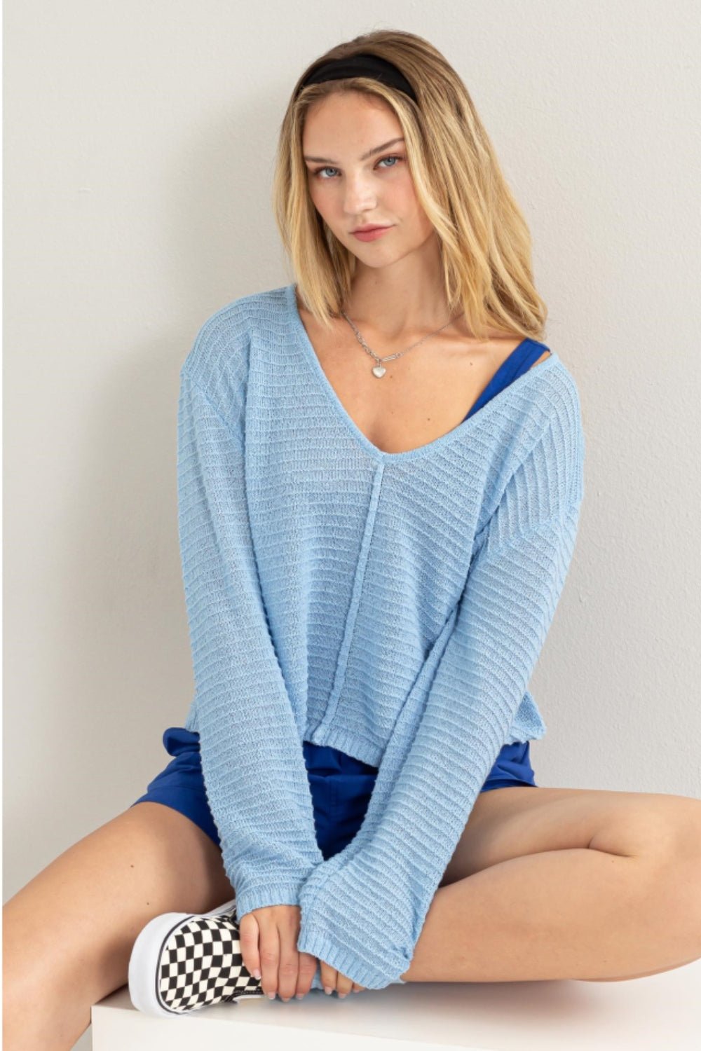 HYFVE V - Neck Stripe Texture Long Sleeve Top - Top - BABY BLUE - Bella Bourget