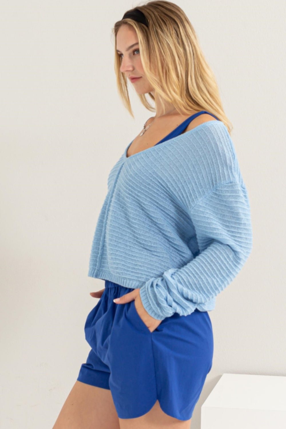 HYFVE V - Neck Stripe Texture Long Sleeve Top - Top - BABY BLUE - Bella Bourget