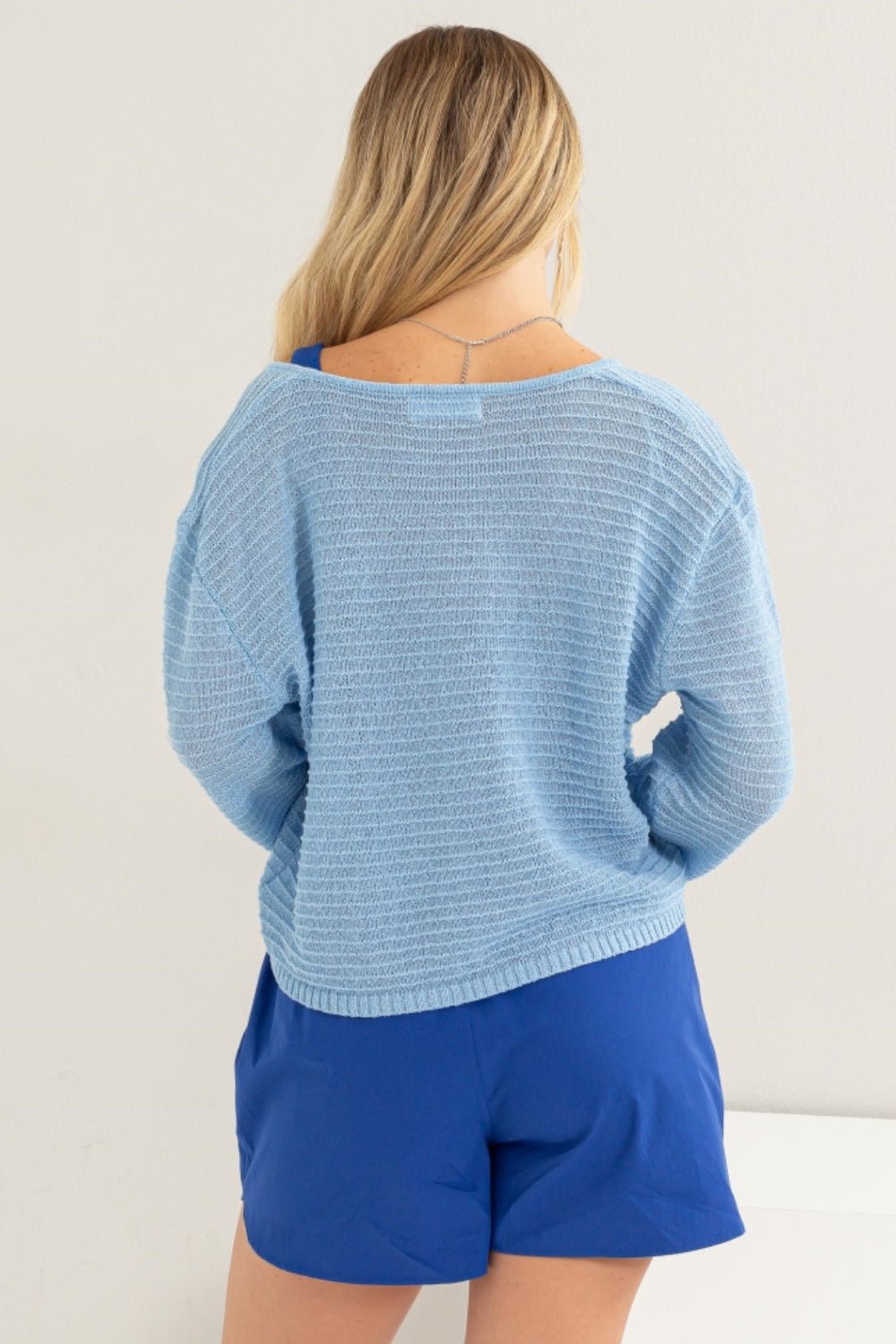 HYFVE V - Neck Stripe Texture Long Sleeve Top - Top - BABY BLUE - Bella Bourget