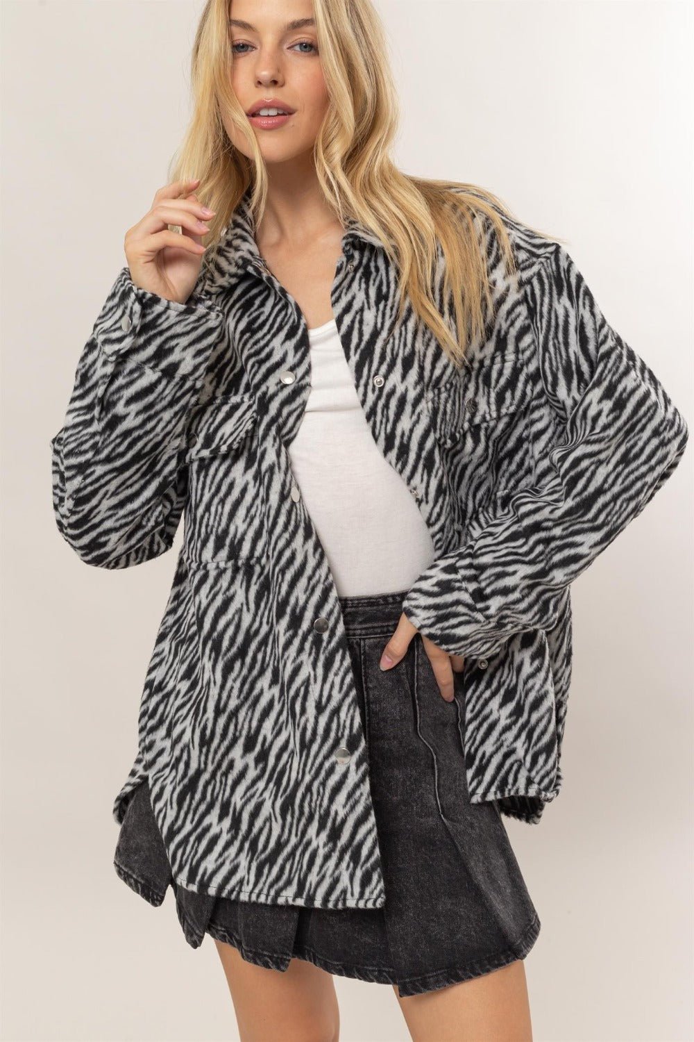 HYFVE Zebra Print Snap Down Long Sleeve Shacket - Shacket - Black - Bella Bourget