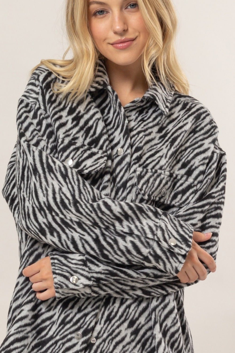 HYFVE Zebra Print Snap Down Long Sleeve Shacket - Shacket - Black - Bella Bourget