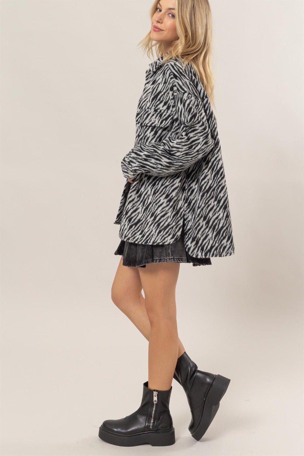 HYFVE Zebra Print Snap Down Long Sleeve Shacket - Shacket - Black - Bella Bourget