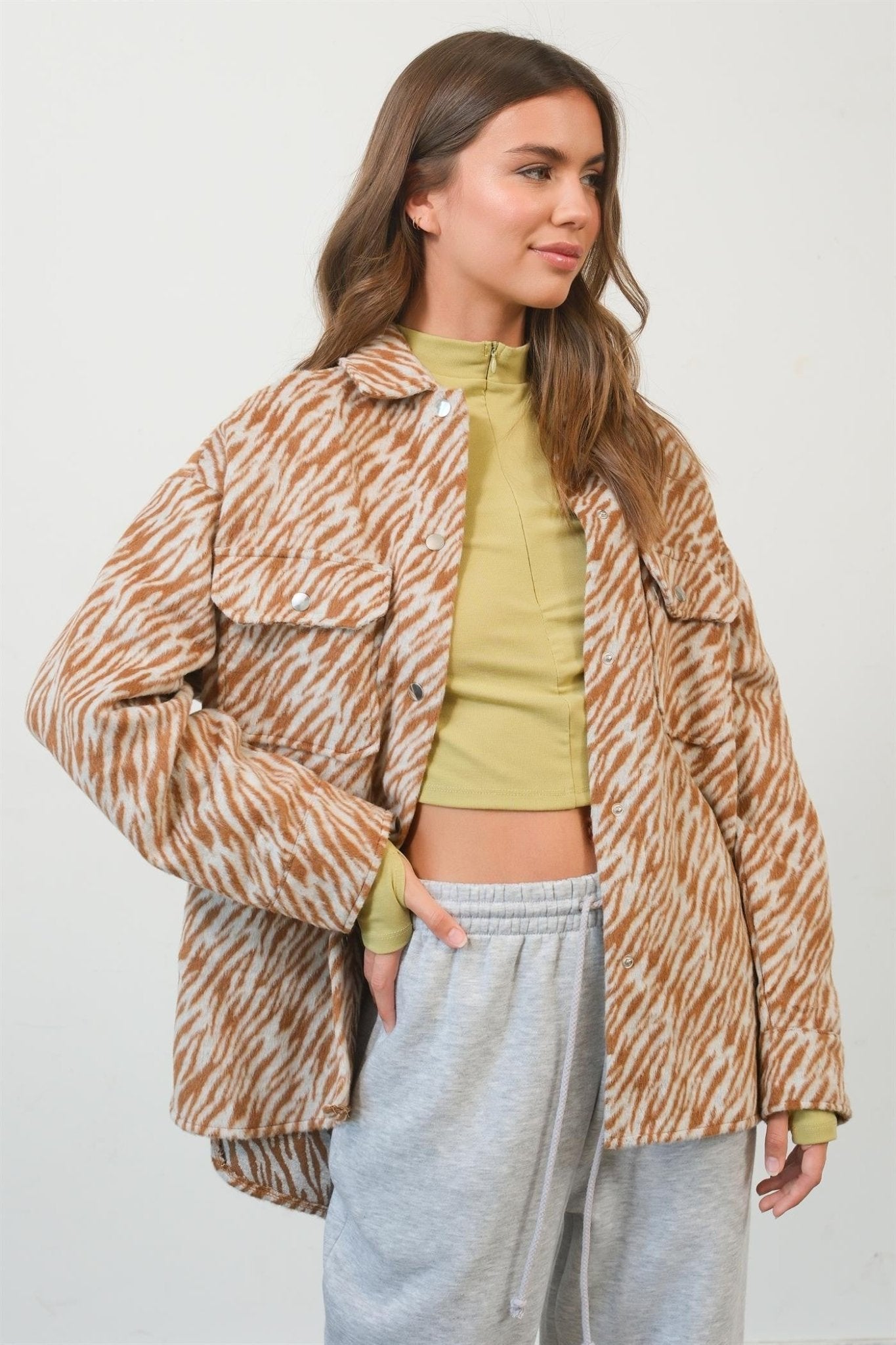 HYFVE Zebra Print Snap Down Long Sleeve Shacket - Shacket - Camel - Bella Bourget