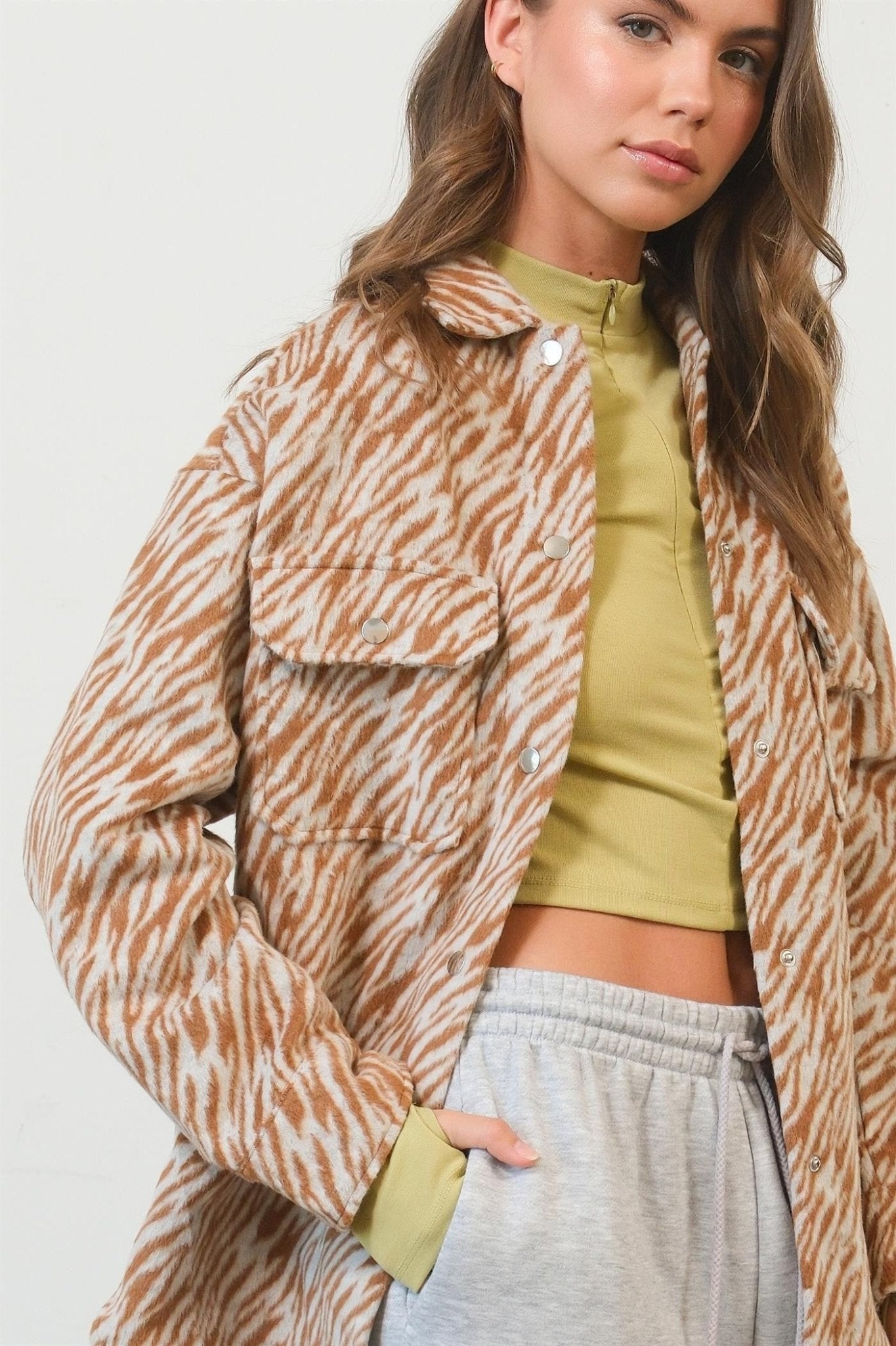 HYFVE Zebra Print Snap Down Long Sleeve Shacket - Shacket - Camel - Bella Bourget