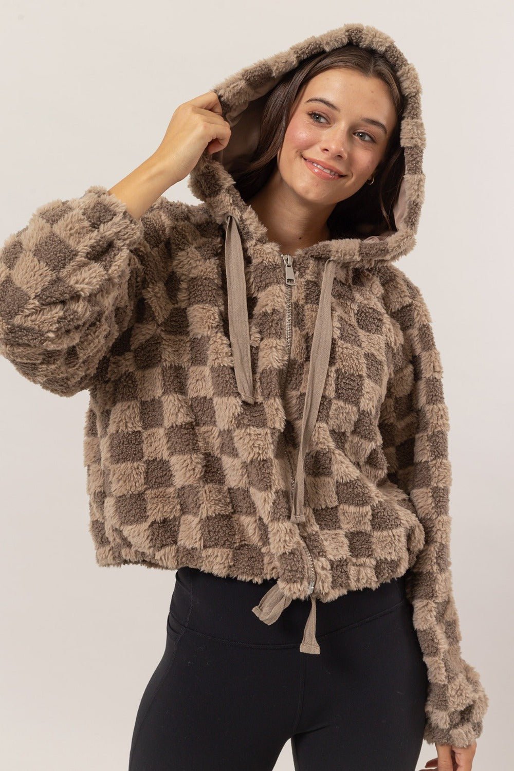 HYFVE Zip Up Sherpa Checkered Hooded Jacket - Hoodie - Mocha - Bella Bourget