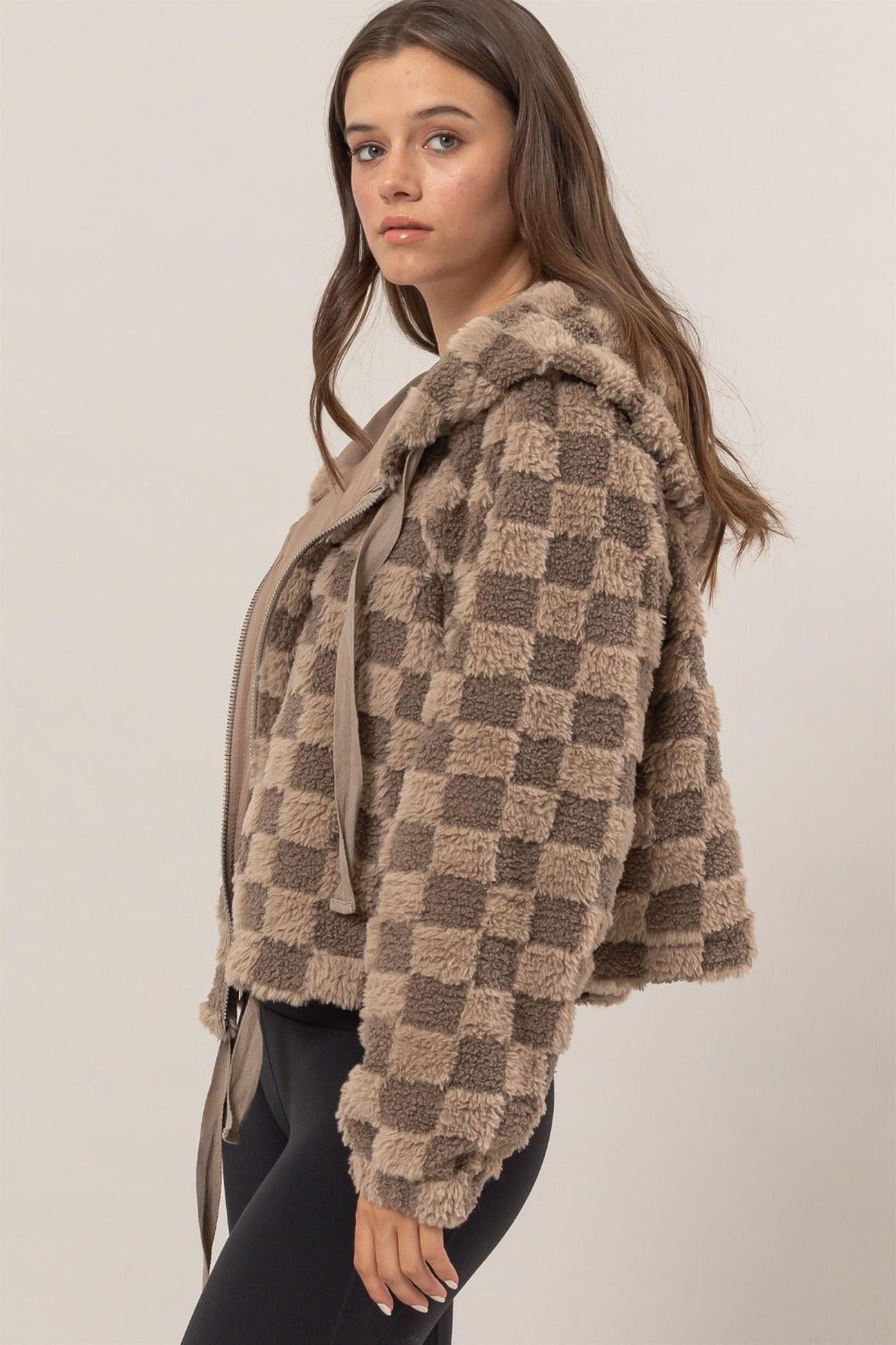 HYFVE Zip Up Sherpa Checkered Hooded Jacket - Hoodie - Mocha - Bella Bourget