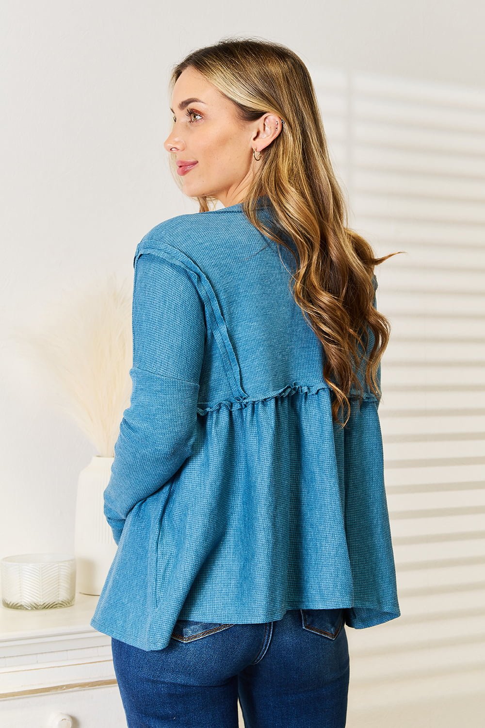 Jade By Jane Full Size Frill Trim Babydoll Blouse - Top - Sky Blue - Bella Bourget