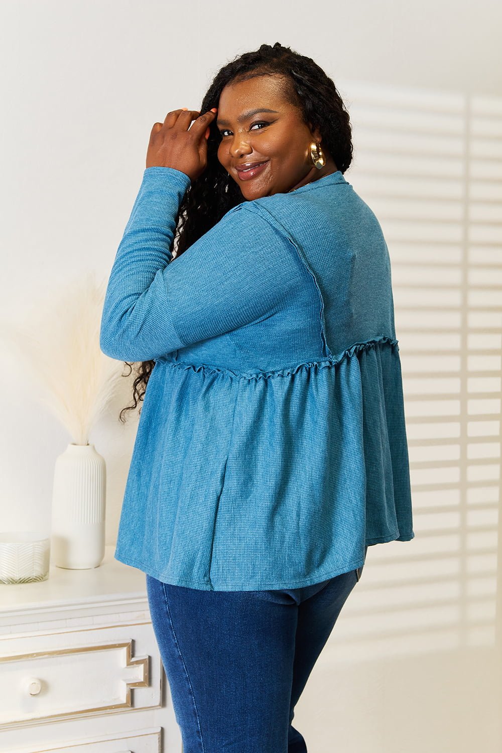 Jade By Jane Full Size Frill Trim Babydoll Blouse - Top - Sky Blue - Bella Bourget