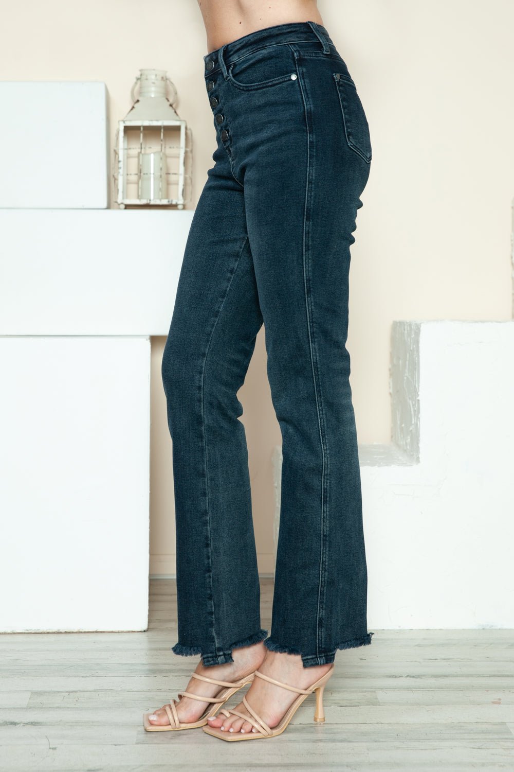 Judy Blue Full Size Button Fly Hem Destroy Straight Jeans - Jeans - Dark - Bella Bourget