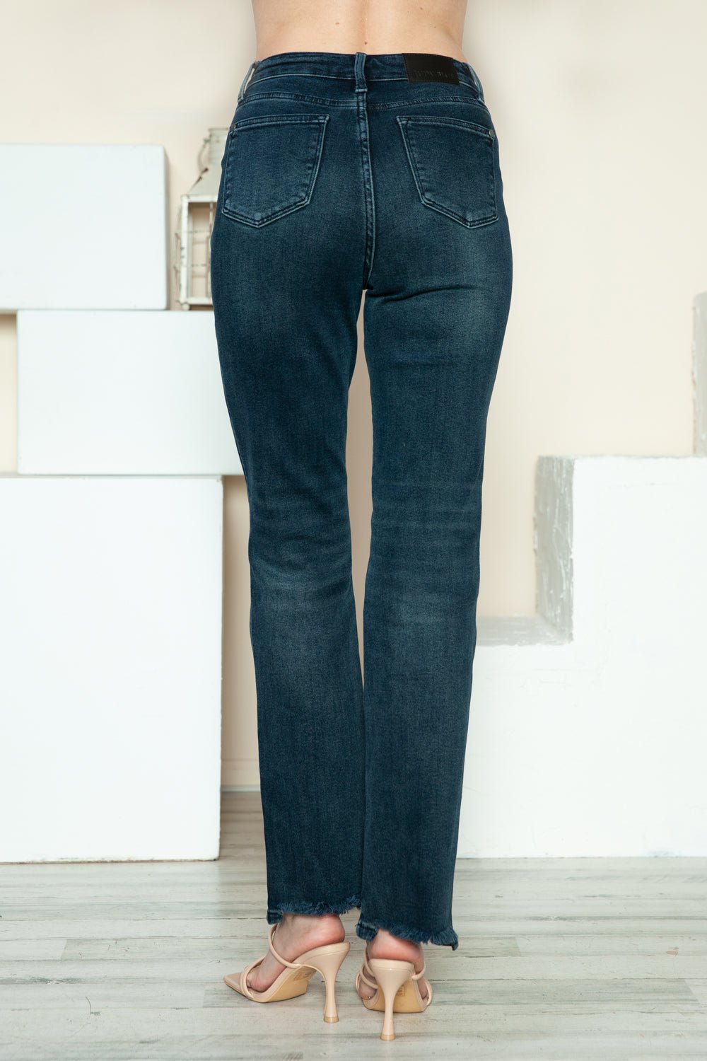 Judy Blue Full Size Button Fly Hem Destroy Straight Jeans - Jeans - Dark - Bella Bourget