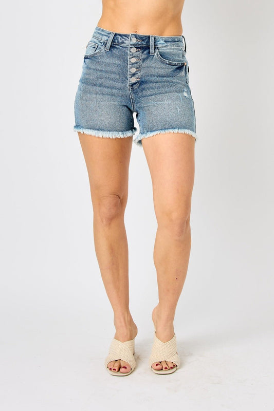 Judy Blue Full Size Button Fly Raw Hem Denim Shorts - Shorts - Medium - Bella Bourget