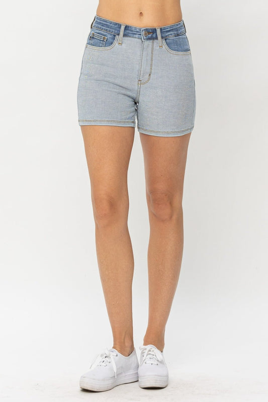 Judy Blue Full Size Color Block Denim Shorts - Shorts - LT/MD - Bella Bourget