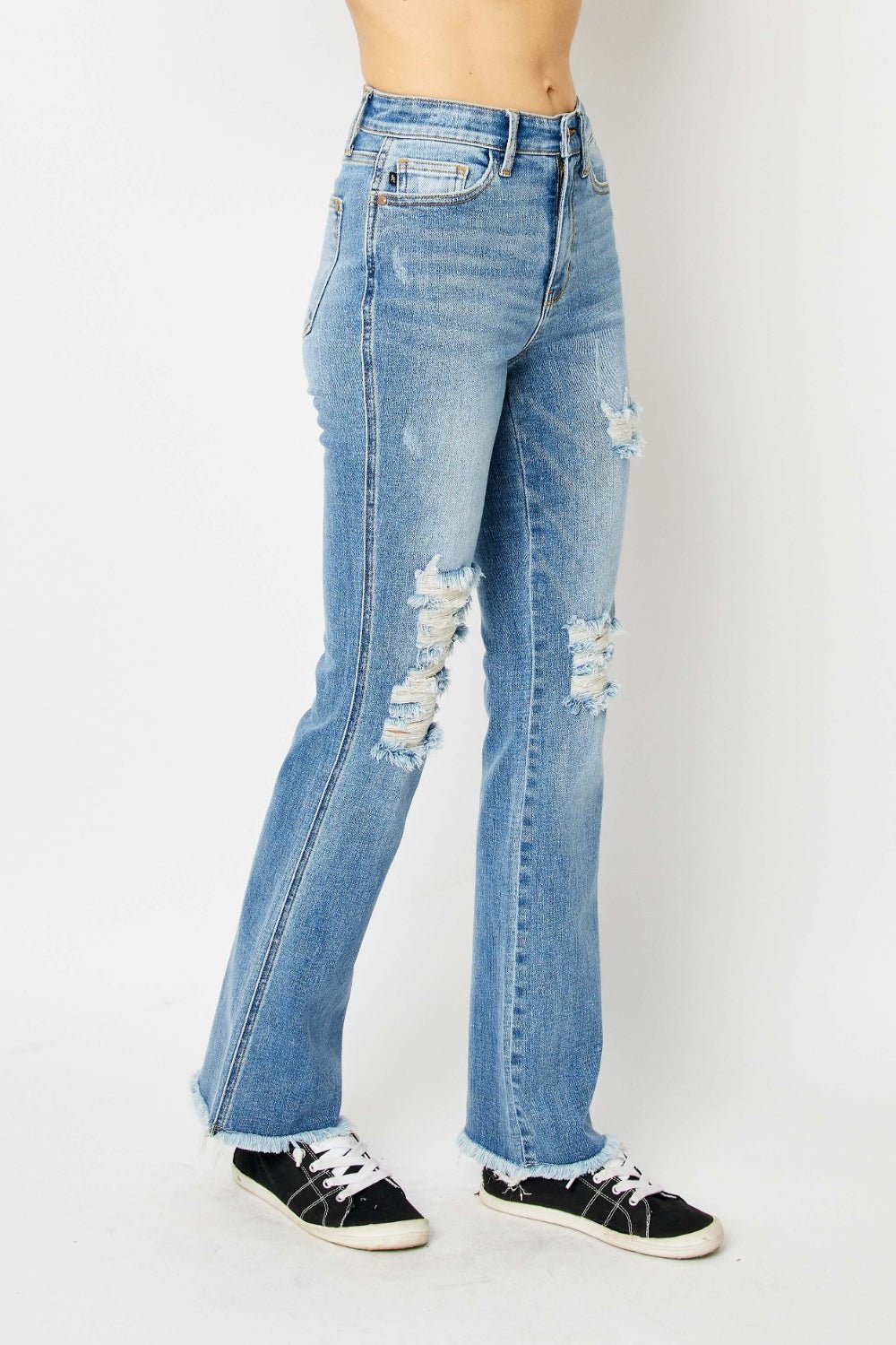 Judy Blue Full Size Distressed Raw Hem Bootcut Jeans - jeans - Medium - Bella Bourget