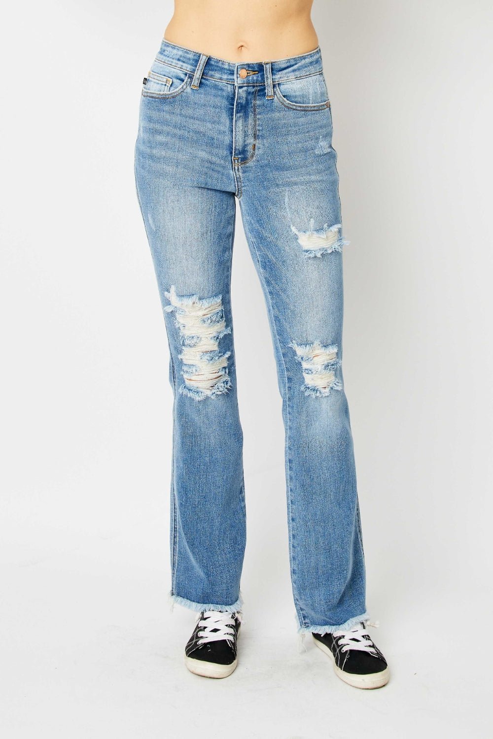 Judy Blue Full Size Distressed Raw Hem Bootcut Jeans - jeans - Medium - Bella Bourget