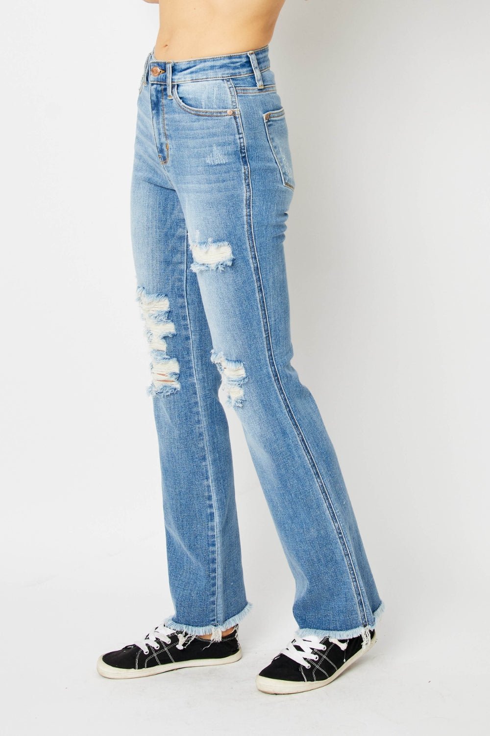 Judy Blue Full Size Distressed Raw Hem Bootcut Jeans - jeans - Medium - Bella Bourget