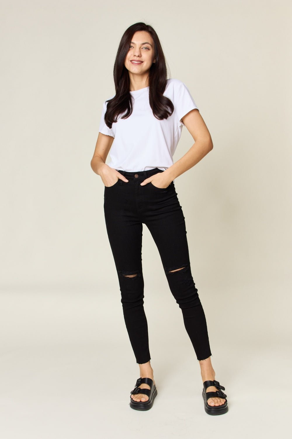 Judy Blue Full Size Distressed Tummy Control High Waist Skinny Jeans - jeans - Black - Bella Bourget