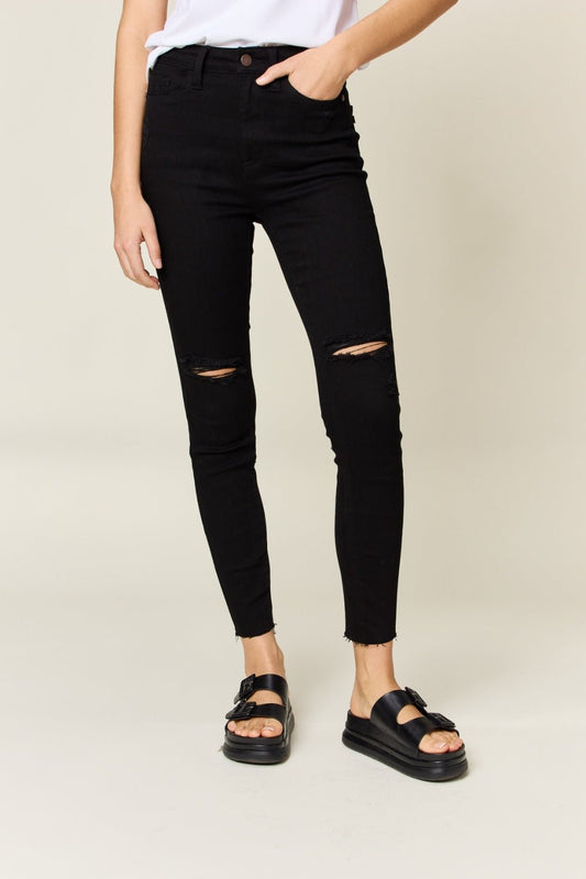 Judy Blue Full Size Distressed Tummy Control High Waist Skinny Jeans - jeans - Black - Bella Bourget