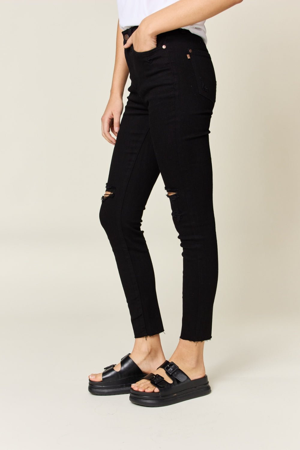 Judy Blue Full Size Distressed Tummy Control High Waist Skinny Jeans - jeans - Black - Bella Bourget