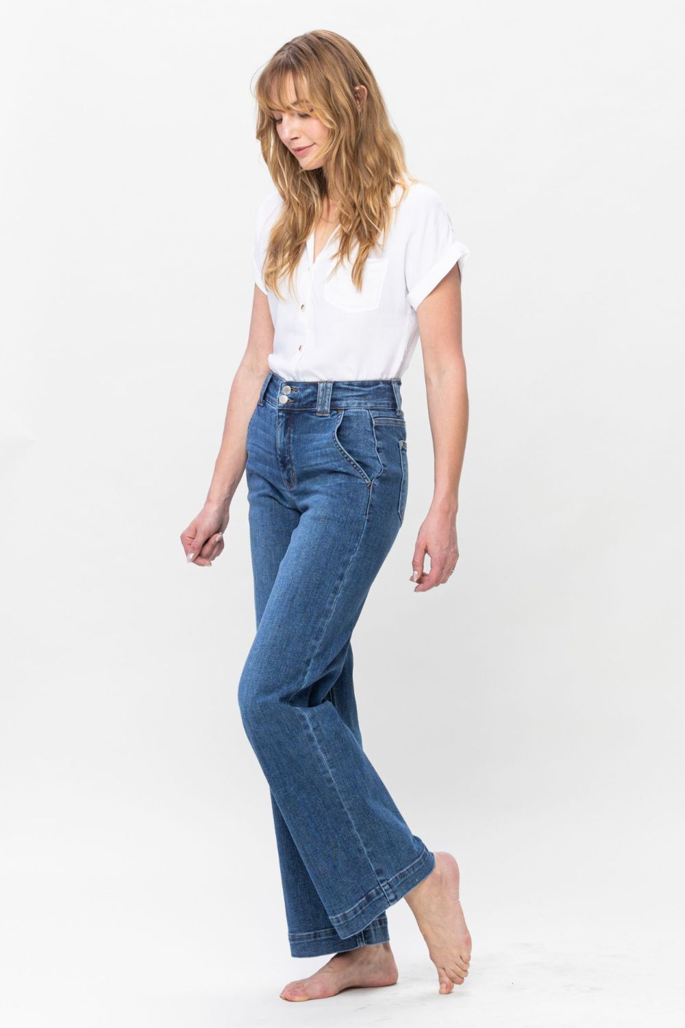 Judy Blue Full Size Double Button Wide Leg Jeans - Jeans - Medium - Bella Bourget