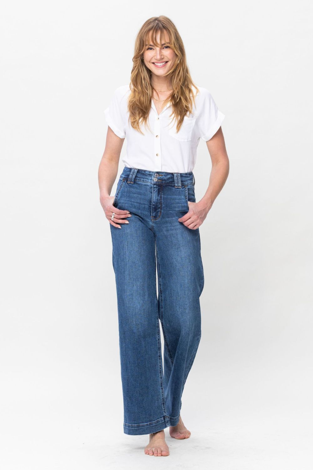 Judy Blue Full Size Double Button Wide Leg Jeans - Jeans - Medium - Bella Bourget