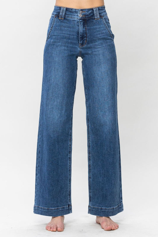 Judy Blue Full Size Double Button Wide Leg Jeans - Jeans - Medium - Bella Bourget