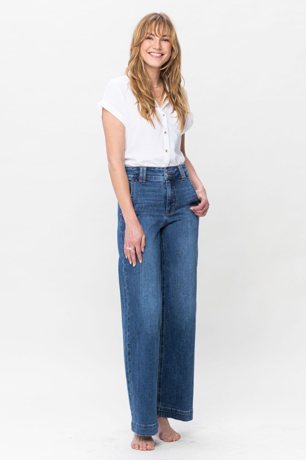 Judy Blue Full Size Double Button Wide Leg Jeans - Jeans - Medium - Bella Bourget