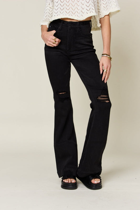 Judy Blue Full Size High Waist Distressed Flare Jeans - Full Size Jeans - Black - Bella Bourget