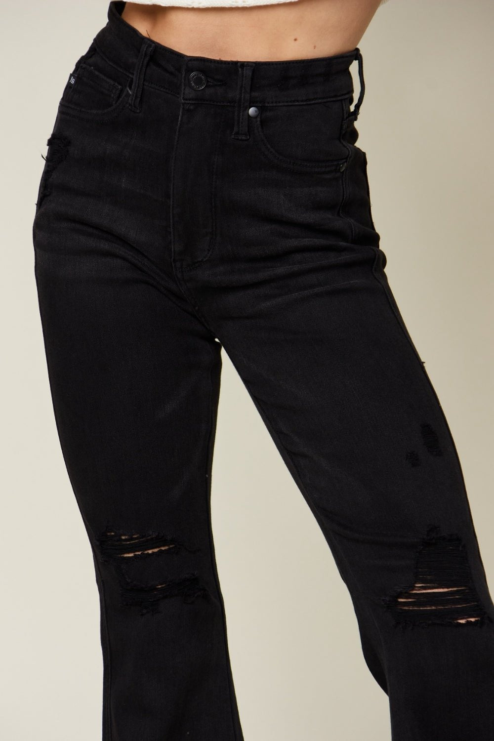 Judy Blue Full Size High Waist Distressed Flare Jeans - Full Size Jeans - Black - Bella Bourget