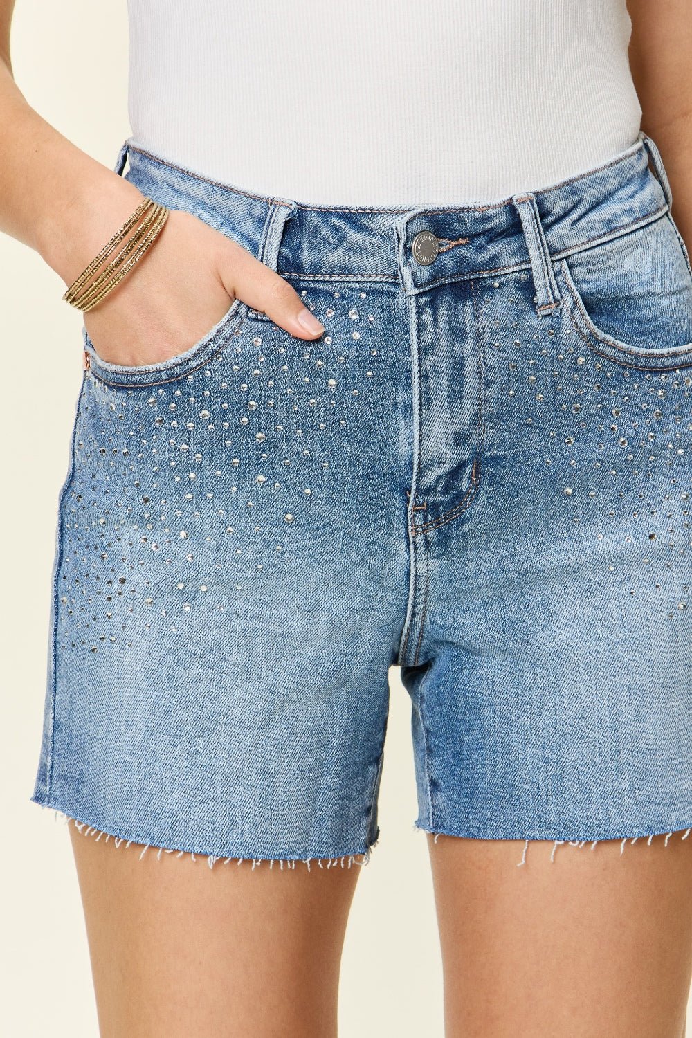 Judy Blue Full Size High Waist Rhinestone Decor Denim Shorts - Shorts - Light - Bella Bourget