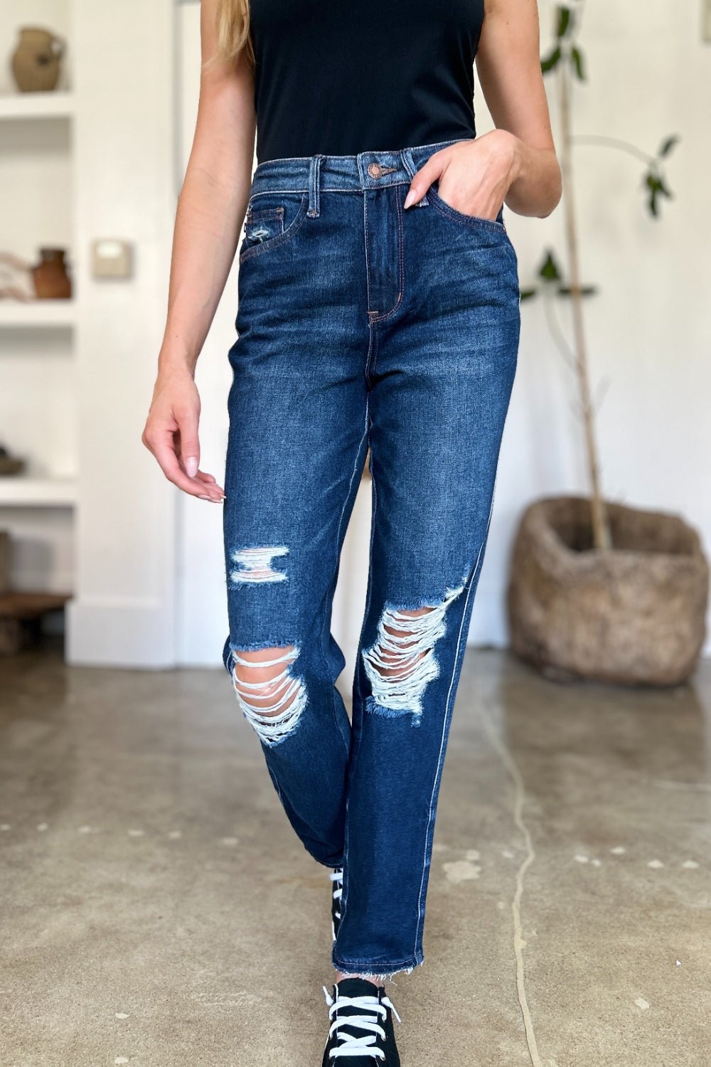 Judy Blue Full Size High Waist Rigid Magic Heavy Destroy Straight Jeans - Jeans - Dark - Bella Bourget