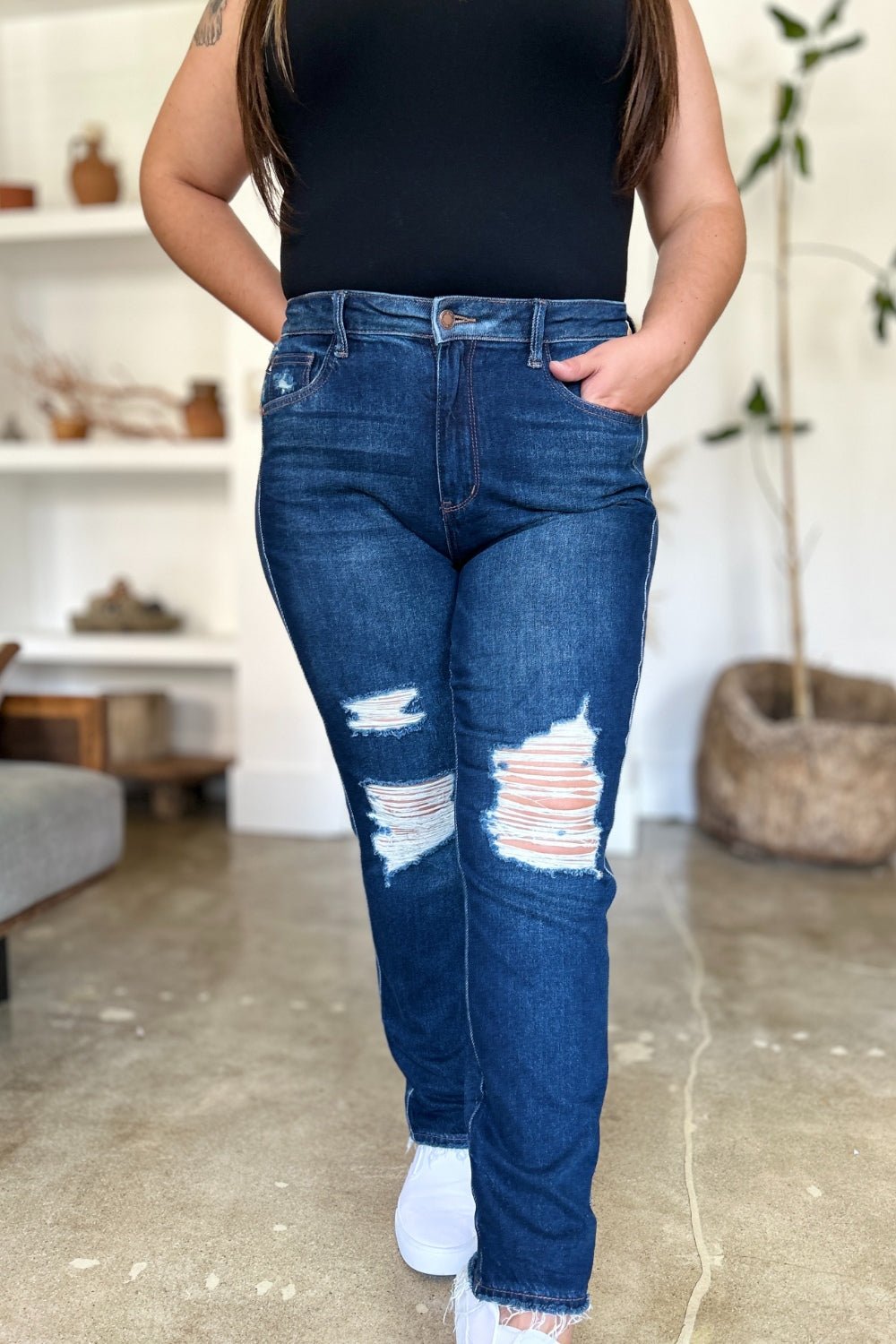 Judy Blue Full Size High Waist Rigid Magic Heavy Destroy Straight Jeans - Jeans - Dark - Bella Bourget