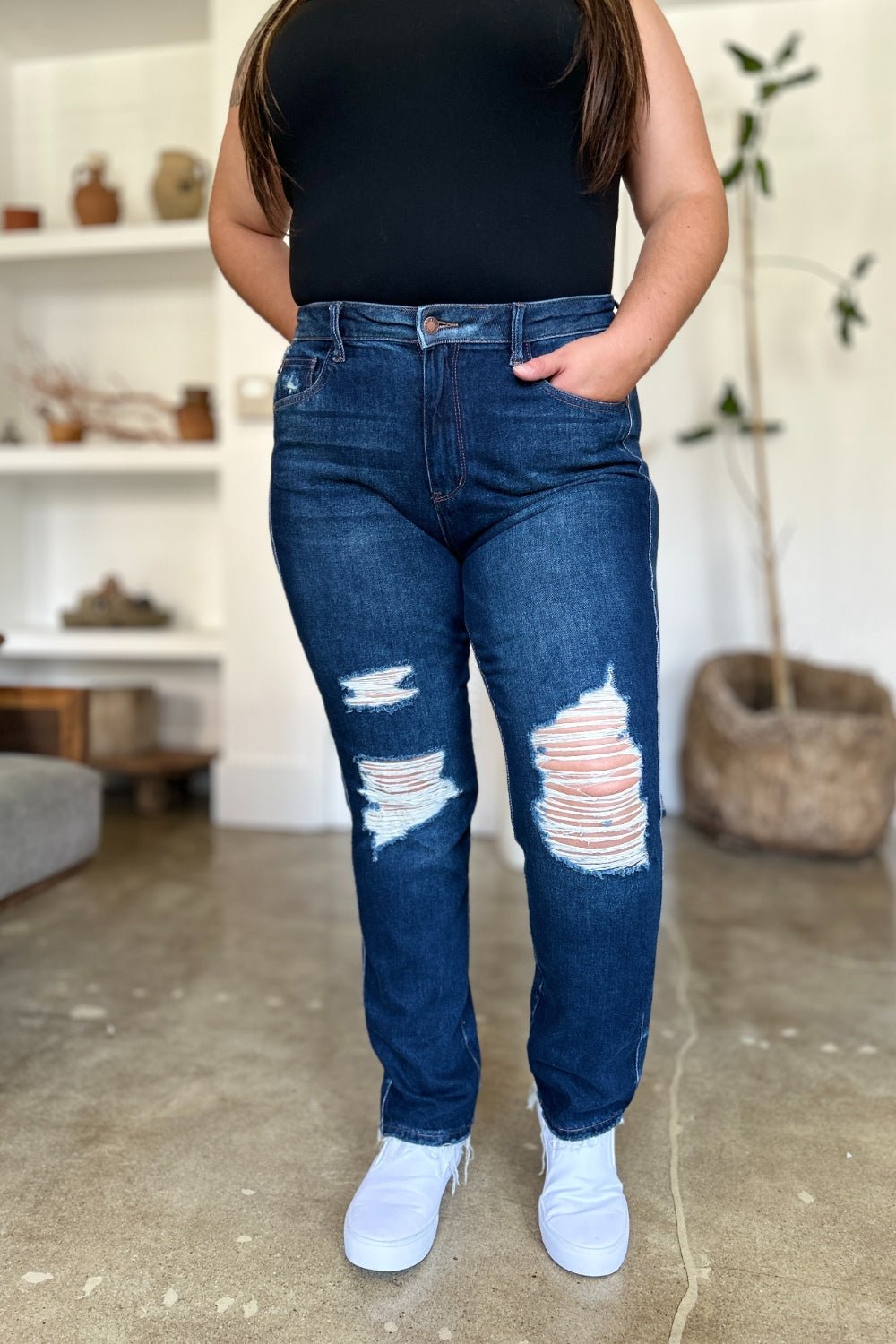 Judy Blue Full Size High Waist Rigid Magic Heavy Destroy Straight Jeans - Jeans - Dark - Bella Bourget