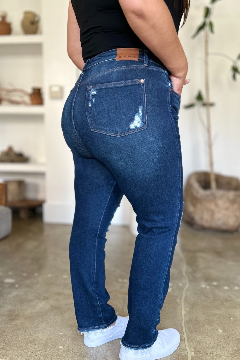 Judy Blue Full Size High Waist Rigid Magic Heavy Destroy Straight Jeans - Jeans - Dark - Bella Bourget