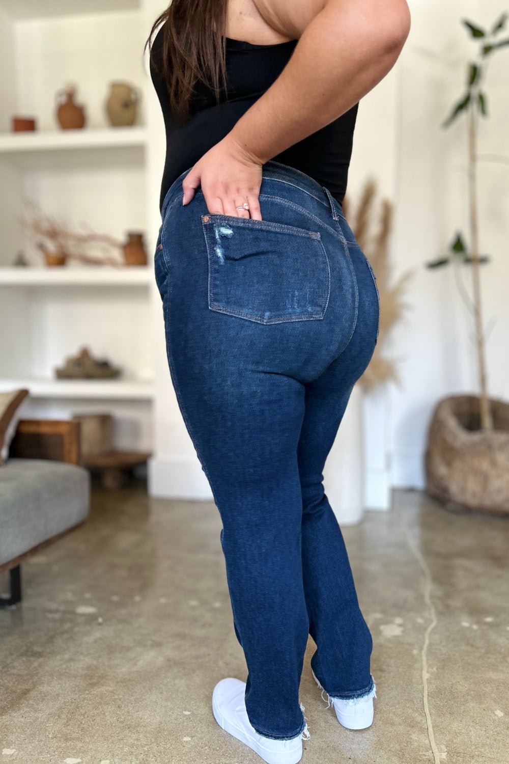 Judy Blue Full Size High Waist Rigid Magic Heavy Destroy Straight Jeans - Jeans - Dark - Bella Bourget