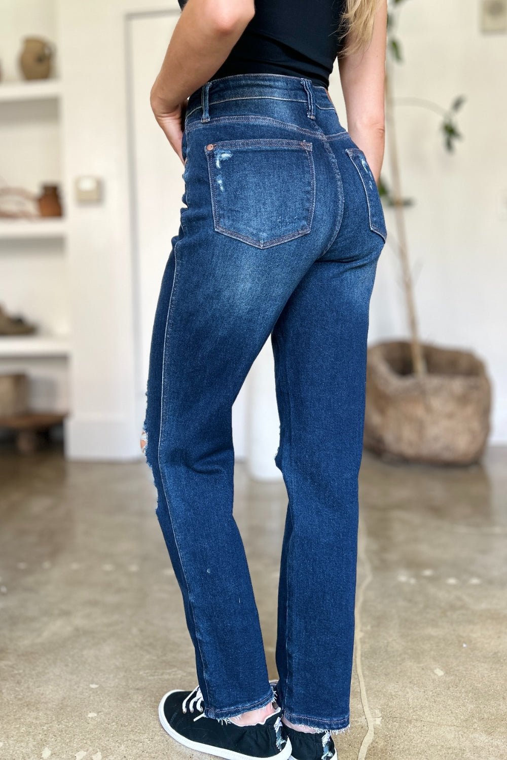 Judy Blue Full Size High Waist Rigid Magic Heavy Destroy Straight Jeans - Jeans - Dark - Bella Bourget